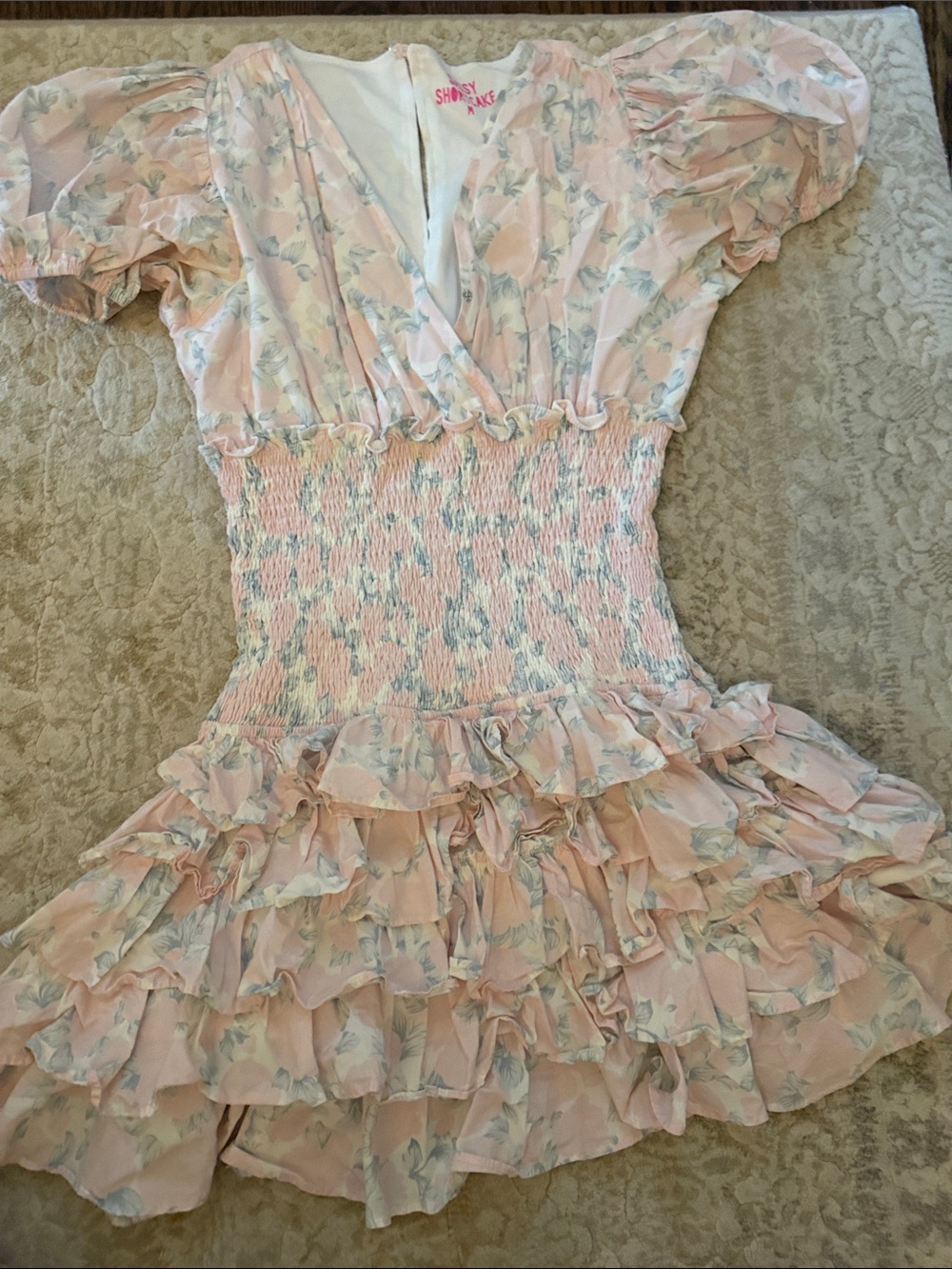 Sassy shortcake Blush Pink Floral Smocked Ruffle Mini Dress perf for rush